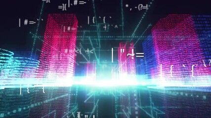 Poster - Coding animation and digital symbols over futuristic cityscape with glowing skyscrapers