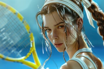 Poster - A woman holding a tennis racket on a tennis court, great for sports-related content