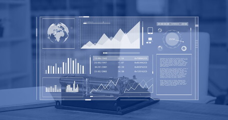 Poster - Image of financial data processing over desk in office