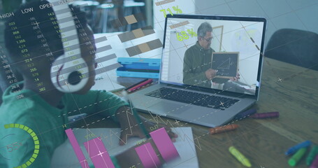 Poster - Image of financial data processing over african american boy using laptop learning online