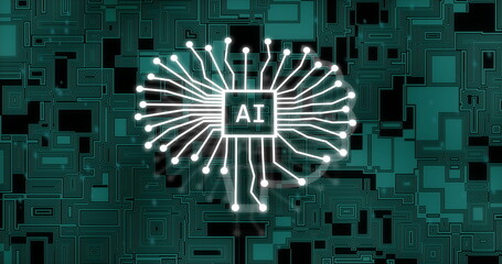 Poster - image of digital processor with ai text over moving shapes