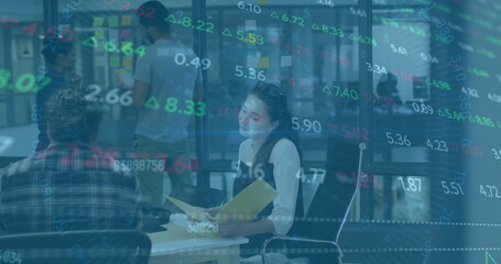 Poster - Image of financial data processing over diverse colleagues discussing work in office