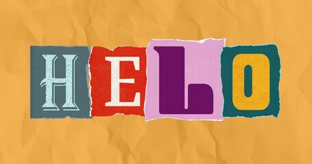 Poster - Hello text animation over colorful torn paper pieces on yellow background