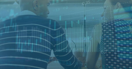 Poster - Image of financial data processing over diverse business people in office