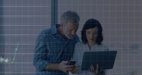 Poster - Image of data processing and diagrams over diverse business people discussing work