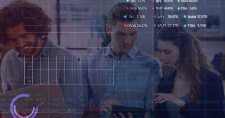 Poster - Image of data processing and diagrams over diverse business people discussing work