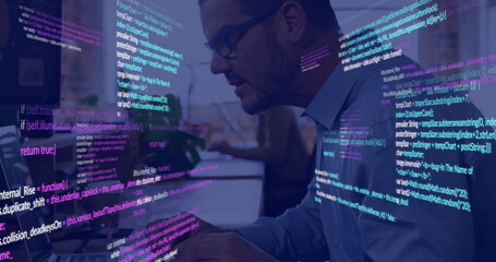 Poster - Programming code image over person working on computer in office