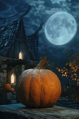 Poster - A single pumpkin sitting on top of a wooden table, great for fall decorations or Halloween themes