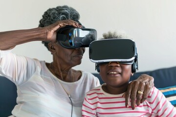 Poster - Woman and child playing games together using virtual reality technology