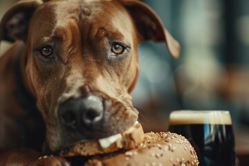 Poster - A relaxed brown dog is lying on a table next to a glass of beer