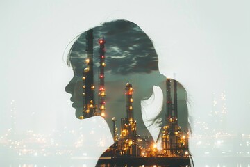 Poster - A woman stands near an oil refinery, with industrial equipment and pipes visible behind her