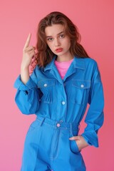 Sticker - A woman posing in a blue jumpsuit, ready for a photo shoot