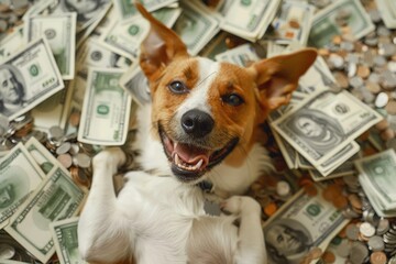 Aufkleber - A dog lying on top of a pile of cash, great for financial or humorous illustrations