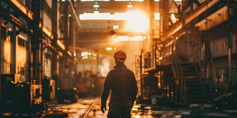 Poster - A person wearing a hard hat and protective clothing walks through a busy factory