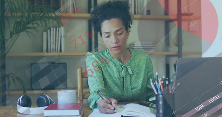 Sticker - Image of financial data processing over biracial woman using laptop