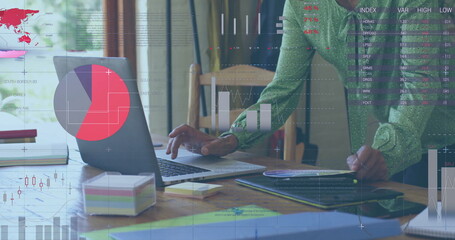 Poster - Image of financial data processing over biracial woman using laptop