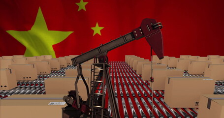 Poster - Image of pumping oil derrick and boxes on conveyor belts at warehouse over flag of china