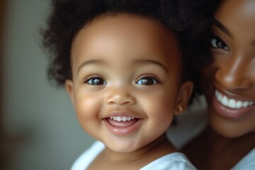 Canvas Print -  baby and mother on white background of a happy smiling African American baby girl with a very voluminous fluffy afro hairstyle, with very long hair