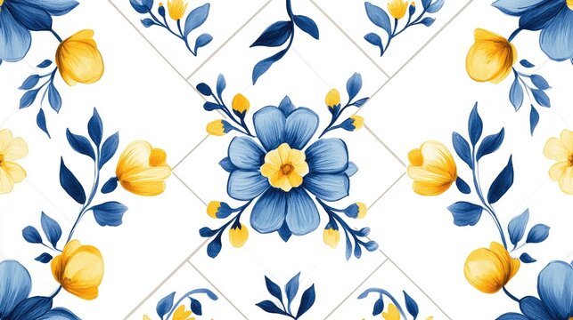 Intricate floral motifs in blue and yellow, arranged in a repeating diamond shape on a white tile background.
