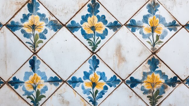 Intricate floral motifs in blue and yellow, arranged in a repeating diamond shape on a white tile background.