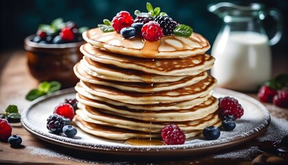 Wall Mural - Fluffy Wheat Flour Pancakes Drizzled with Creamy Sour Cream for a Delightful Treat