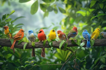 Poster - A group of vibrant birds resting on a branch, great for nature or wildlife illustrations