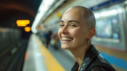 Poster - A woman with a shaved head standing at a train station, waiting for her ride