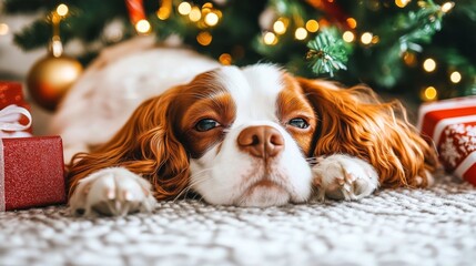 Wall Mural - A relaxed dog resting by a beautifully decorated Christmas tree surrounded by gifts during the holiday season, capturing a cozy and festive atmosphere