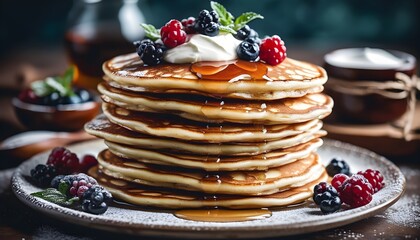 Wall Mural - Fluffy Wheat Flour Pancakes Drizzled with Creamy Sour Cream for a Delightful Treat