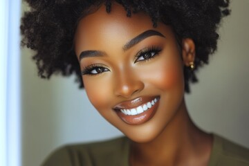 Wall Mural -  beautiful Black woman with short afro hair, wearing an olive-colored shirt, is smiling at the camera. 