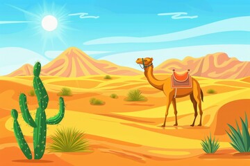 Poster - Camel roaming in arid landscape with cacti, useful for travel or adventure theme