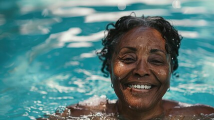 Poster - A smiling woman relaxes by the side of a swimming pool, perfect for leisure or wellness-themed projects