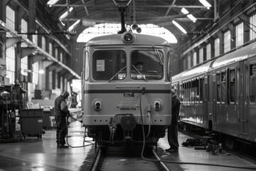 Poster - A black and white photo of a train waiting at the station, ready to depart