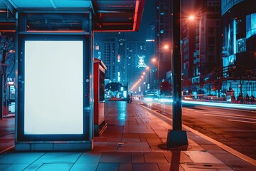 Wall Mural - A bus stop at night with a blank billboard