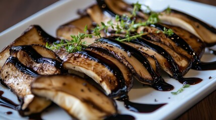 Poster - A visually appealing platter of king oyster mushrooms topped with a drizzle of balsamic glaze, served as an elegant appetizer for a fine dining experience.
