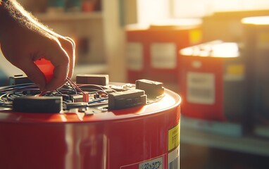 Poster - Engineer Adjusting Wiring Connections on Energy Storage Battery
