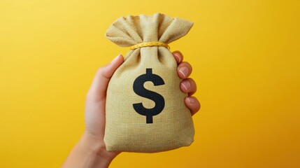 Hand holding a money bag with a dollar sign printed on yellow background 