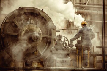 Poster - A person working on a large steam-powered machine, with vapor emitting from the machinery