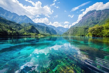 Aufkleber - A serene mountain lake with crystal-clear water and surrounding mountains