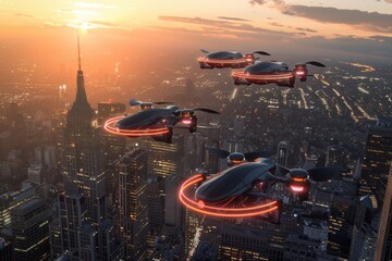 Poster - Group of flying vehicles flying over a city during sunset, urban landscape with buildings and trees