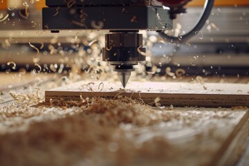 Poster - Machine cutting wood using a wooden block as a guide, ideal for use in illustrations about industry, manufacturing or DIY projects