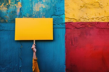 Poster - A person holds a bright yellow sign against a vibrant backdrop