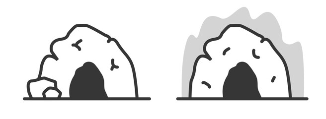 Poster - Rock cave icon simple line stroke vector graphic illustration set, canyon grotto sign symbol design isolated image clip art, hand drawn cavern tunnel flat cartoon cut out silhouette
