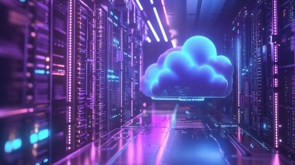 Poster - A glowing server room with vibrant lighting highlights the concept of cloud computing and its advanced technology infrastructure.