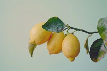 Poster - Fresh lemons hanging from a tree branch with lush green leaves