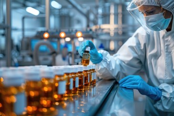 Poster - A scientist in a white lab coat with blue gloves, focusing on work