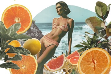 Wall Mural - A woman relaxing in a bikini surrounded by fresh fruit, great for summer ads or health-related themes