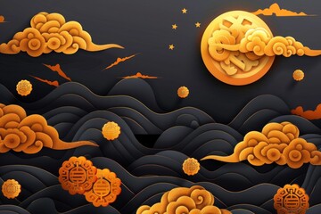 Aufkleber - A serene depiction of a full moon shining through the clouds