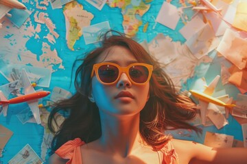 Poster - A woman wearing a bright pink dress and matching yellow sunglasses, possibly for a casual outing or fashion event