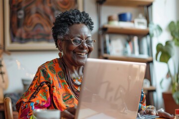Poster - A woman sits in front of a laptop, focused on her work